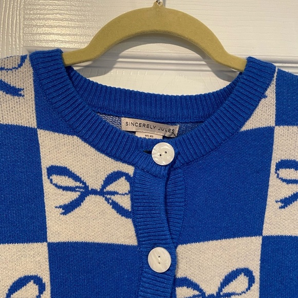 NWT Sincerely Jules Size XS Blue Check Bows Soft Stretch Crew Button Cardigan - Picture 5 of 11